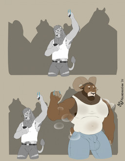 anthro armpit_hair balls_outline big_bulge big_muscles big_pecs body_hair bottomwear bovid_horn bulge caprine_horn clothing denim denim_bottomwear denim_clothing detailed_bulge duo electronics eyewear facial_piercing genital_outline glasses horn jeans looking_at_object looking_at_phone male muscular muscular_male musk musky_body nose_piercing nose_ring pants pecs phone piercing public raised_arm ram_horn ring_piercing shirt silhouette size_difference tail tank_top topwear torn_bottomwear torn_clothing torn_jeans torn_pants trapezius melancholiclion mayternity yukoso_(melancholiclion) bovid caprine felid lion mammal pantherine sheep comic hi_res