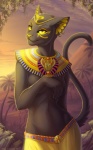 anthro black_body black_fur bottomwear breasts circlet clothed clothing covering covering_breasts covering_self ear_piercing egyptian egyptian_clothing egyptian_headdress female fur gold_(metal) gold_jewelry headdress headgear headwear jewelry looking_at_viewer midriff necklace outside palm_tree piercing plant pyramid seshed_circlet shendyt skimpy skirt solo topless tree uraeus usekh yellow_eyes omega_lioness egyptian_mythology middle_eastern_mythology mythology bast deity domestic_cat felid feline felis mammal