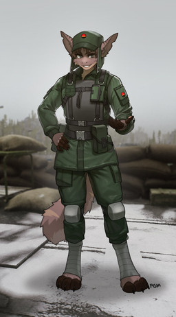 anthro biped bottomwear claws clothed clothed_anthro clothed_male clothing feet fingers front_view fully_clothed fully_clothed_anthro fully_clothed_male fur hair looking_at_viewer male outside smile solo standing stripes tail teeth toes topwear pgm300 canid canine mammal 2026 absurd_res digital_drawing_(artwork) digital_media_(artwork) hi_res