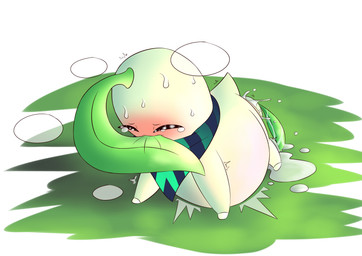 belly big_belly birth clothing crowning female feral pain pattern_clothing pattern_scarf pregnant pregnant_female push pushing scarf striped_clothing striped_scarf stripes underage_pregnancy young young_feral darlondemonic nintendo pokemon pokemon_mystery_dungeon spike_chunsoft chikorita generation_2_pokemon pokemon_(species) absurd_res hi_res