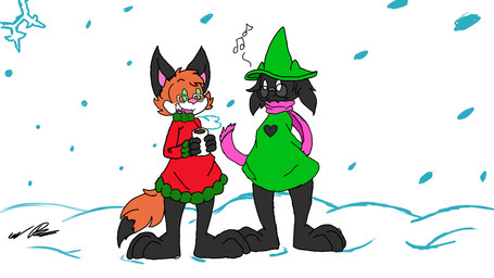 blush clothing duo feet fur male nature simple_background toony cloudshywolf deltarune undertale_(series) ralsei bovid canid canine caprine darkner fox goat mammal 16:9 2018 digital_drawing_(artwork) digital_media_(artwork) widescreen
