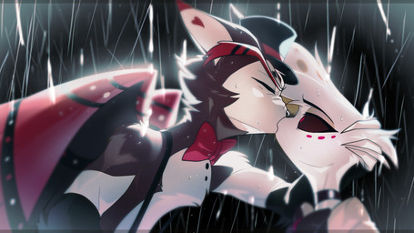 anthro black_body black_clothing black_fur black_hat black_headwear black_sclera black_top_hat bow_tie claws clothing duo eyebrows eyes_closed fur hand_on_partner's_head hat headgear headwear kissing looking_at_another looking_at_partner male male/male markings multicolored_body multicolored_fur overalls raining red_bow_tie red_eyebrows red_eyes red_wings top_hat two_tone_body two_tone_fur wet wet_body white_body white_claws white_fur wings pitania4 hazbin_hotel hellaverse angel_dust husk_(hazbin_hotel) animal_humanoid arachnid arachnid_humanoid arthropod arthropod_humanoid demon domestic_cat felid feline felis humanoid mammal spider_humanoid 16:9 hi_res widescreen