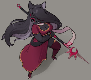 anthro black_body black_hair breasts clothing dress female grey_background hair high-angle_view holding_melee_weapon holding_object holding_polearm holding_spear holding_weapon looking_at_viewer melee_weapon polearm red_clothing red_dress red_eyes simple_background smile solo spear standing weapon eerieviolet eclipse_(eerieviolet) domestic_cat felid feline felis mammal digital_media_(artwork) hi_res