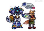 anthro arm_cannon armor belt crossed_arms dialogue dipstick_tail duo female food fur headgear heart_symbol helmet kerchief machine male markings neckerchief neckwear power_armor power_suit ranged_weapon tail tail_markings weapon arsworlds nintendo star_fox subway_(restaurant) fox_mccloud krystal_(star_fox) canid canine fox mammal 2025 hi_res