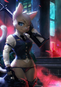 anthro bag biped blind blue_eyes clothed clothing collared_shirt detailed_background disability dress_shirt eyebrows eyelashes female fire fur gloves gun handwear holding_bag holding_gun holding_object holding_ranged_weapon holding_weapon legwear looking_at_viewer necktie panties pink_nose ranged_weapon rifle scar shirt small_waist smile solo standing stockings thigh_highs topwear underwear vest weapon white_body white_fur veramundis domestic_cat felid feline felis mammal 2018
