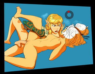 areola balls black_border black_eyes blonde_hair blue_background blush border breasts duo eyelashes eyewear female genitals glasses hair humanoid_pointy_ears male male/female navel nipples not_furry nude open_mouth penetration penis pink_areola pink_nipples pointy_ears sex simple_background small_breasts tan_body tan_skin thick_thighs vaginal vaginal_penetration white_hair wide_hips kryptidcritter nintendo the_legend_of_zelda link purah humanoid hylian sheikah absurd_res hi_res