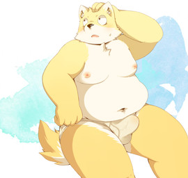 anthro belly biped blush briefs bulge clothed clothing erection erection_under_clothing male moobs navel nipples overweight overweight_anthro overweight_male sitting solo tighty_whities underwear white_briefs white_clothing white_underwear dosanco15 canid canine canis domestic_dog mammal 2015