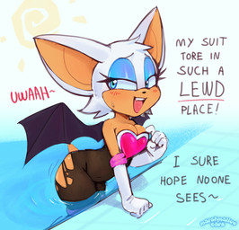 anthro armwear bat_wings bent_over big_ears big_eyes blue_eyeshadow blush breasts clothing dialogue elbow_gloves exhibitionism eyelashes eyeshadow female fur gloves hair half-closed_eyes handwear makeup membrane_(anatomy) membranous_wings narrowed_eyes oops partially_submerged short_tail solo sun swimming_pool tail teasing text tight_clothing torn_clothing wardrobe_malfunction water white_body white_clothing white_fur white_gloves white_hair white_handwear wings marshmallow-ears sega sonic_the_hedgehog_(series) rouge_the_bat bat mammal english_text hi_res