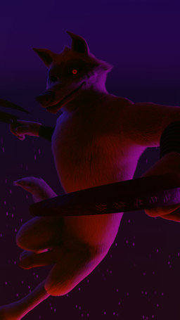 anthro dark_lighting digitigrade fur grey_body grey_fur jumping looking_at_viewer red_eyes sickle smile smirk anonymutt rasterraccoon_(modeler) dreamworks puss_in_boots_(franchise) death_(puss_in_boots) canid canine canis mammal wolf 9:16 blender_(artwork) digital_media_(artwork) hi_res