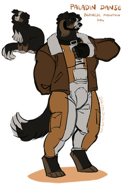anthro black_body black_fur black_nose bomber_jacket brotherhood_of_steel_(fallout) brown_body brown_fur clothed clothing flight_suit fur male multicolored_body multicolored_fur paws simple_background snout solo standing tail text white_background drvoidiguana fallout microsoft paladin_danse_(fallout) bernese_mountain_dog canid canine canis domestic_dog mammal molosser mountain_dog swiss_mountain_dog artist_name english_text