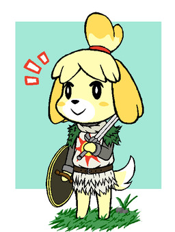 anthro armor belt border cosplay dipstick_tail emanata facial_markings female fur grass green_background head_markings markings melee_weapon plant red_hairband shield simple_background solo sword tail tail_markings weapon white_body white_border white_fur yellow_body yellow_fur sayonara-jc animal_crossing dark_souls fromsoftware nintendo isabelle_(animal_crossing) canid canine canis domestic_dog mammal shih_tzu toy_dog 2015