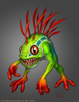 3_fingers 3_toes ambiguous_gender anthro feet fingers green_body grey_background hunched_over open_mouth red_body sharp_teeth simple_background solo standing teeth toes glenn_rane blizzard_entertainment warcraft murloc 2007 official_art