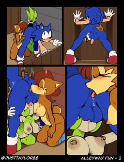 anal anthro anthro_on_anthro anus areola ball_suck balls barbell_piercing blotchy_areola blush bodily_fluids boots bracelet butt clothing ear_piercing erection female female_rimming_male footwear footwear_only foreskin genital_fluids genital_raphe genitals gloves group group_sex hair handwear humanoid_genitalia humanoid_penis jewelry kneeling male male/female mostly_nude motion_lines nipple_barbell nipple_piercing nipples oral oral_sandwich penis piercing ponytail precum public public_nudity public_sex raphe_(anatomy) rimming rimming_female scrotal_raphe sex shoes shoes_only socks standing sucking tail tail_grab text threesome tongue trio justtaylor idw_publishing sega sonic_the_hedgehog_(comics) sonic_the_hedgehog_(idw) sonic_the_hedgehog_(series) sally_acorn sonic_the_hedgehog surge_the_tenrec afrosoricid chipmunk eulipotyphlan ground_squirrel hedgehog mammal rodent sciurid tenrec comic english_text hi_res