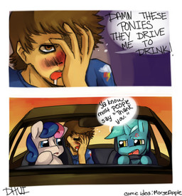 blue_eyes brown_hair car cross-popping_vein driving drunk female feral group hair horn inside_car inside_vehicle male multicolored_hair orange_eyes substance_intoxication vehicle vein yellow_eyes dhui friendship_is_magic hasbro my_little_pony mythology bonbon_(mlp) lyra_heartstrings_(mlp) earth_pony equid equine horse human mammal mythological_creature mythological_equine pony unicorn