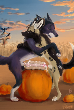 anatomically_correct anatomically_correct_genitalia anatomically_correct_penis animal_genitalia animal_penis balls bodily_fluids canine_genitalia canine_penis cloud cum cum_in_sex_toy duo ear_piercing ejaculation eyes_closed feral field food frottage fruit fur genital_fluids genitals hug knot knotted_penis male male/male outside_sex penetrable_sex_toy penile penis penises_touching piercing plant pumpkin pumpkin_patch purple_body purple_fur sex sex_toy sharing_sex_toy a_dusty_wolf amani_(a_dusty_wolf) african_wild_dog avian bird canid canine canis corvid corvus_(genus) crow mammal oscine passerine wolf hi_res