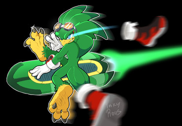 3_toes 5_fingers anthro avian_feet barefoot beak biped black_background black_claws blue_eyes claws clothing eyewear eyewear_on_head feathers feet fingers foot_focus footwear gesture gloves glowing glowing_eyes goggles goggles_on_head green_body green_feathers hand_gesture handwear laser looking_at_viewer looking_back male one_eye_closed plantigrade pose red_clothing red_footwear shoes simple_background smile soles solo tail tail_feathers talons toe_claws toes v_sign white_clothing white_gloves white_handwear wrinkled_feet wrinkles yellow_beak yellow_feet rous_fox sega sonic_riders sonic_the_hedgehog_(series) jet_the_hawk accipitrid accipitriform avian bird digital_media_(artwork) hi_res signature