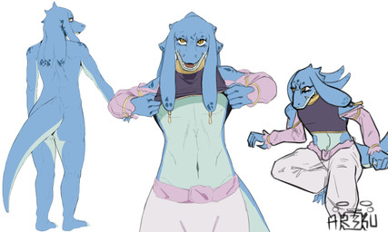 anthro big_tail blue_body breasts butt clothed clothing clothing_lift fangs female flat_chested genitals head_horn horn looking_at_viewer looking_back looking_back_at_viewer multicolored_body multiple_poses navel non-mammal_breasts non-mammal_navel pink_clothing pose simple_background solo standing tail teeth two_tone_body vulva yellow_eyes arekuzzz_(artist) tsuki_ga_michibiku_isekai_douchuu zwei_(tsuki_ga_michibiku_isekai_douchuu) lizard reptile scalie 5:3 absurd_res hi_res signature