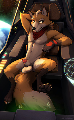 animal_genitalia animal_penis annoyed anthro arm_on_armrest arwing balls being_watched canine_genitalia canine_penis clothing cloud digitigrade genitals gloves gloves_only half-erect hand_behind_head handwear handwear_only hologram inside light lipsticking looking_at_another looking_away male mostly_nude orbit pawpads penis penis_tip planet raised_leg red_penis scarf scarf_only sheath sitting solo space spacecraft sunlight text vehicle video_call chozogoat nintendo star_fox fox_mccloud canid canine fox mammal absurd_res english_text hi_res