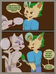 3:4 absurd_res age_difference brown_body butt canid canine clothed clothing comic dialogue digital_drawing_(artwork) digital_media_(artwork) eeveelution english_text eye_contact female flamberry_(artist) fur generation_4_pokemon generation_5_pokemon hair hi_res leafeon looking_at_another lyennan_venizee_flare_(flamberry) mae_lin_shun male mammal mature_female mienshao mustelid musteline nintendo nude open_mouth pokemon pokemon_(species) simple_background smile text