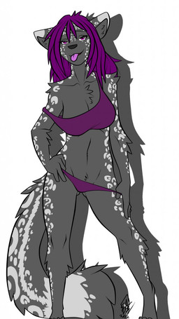 5_fingers anthro bra clothing female fingers fur grey_body grey_fur hair long_hair looking_at_viewer markings panties purple_bra purple_clothing purple_eyes purple_hair purple_panties purple_underwear solo spots spotted_body spotted_fur tongue tongue_out underwear blacklite felid leopard mammal pantherine 2012 9:16 hi_res signature