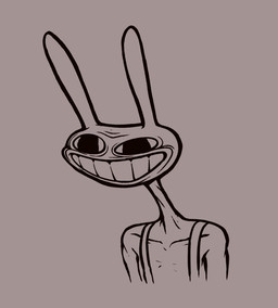 anthro clothing crazy_eyes dialated_pupils male overalls simple_background smile solo standing teeth white_background gooseworx glitch_productions the_amazing_digital_circus jax_(tadc) lagomorph leporid mammal rabbit line_art
