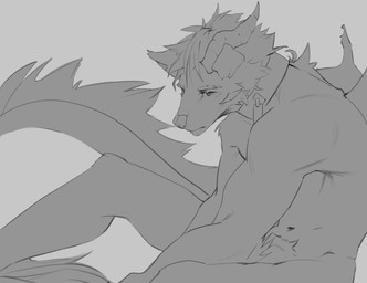 anthro arm_tuft back_tuft cheek_tuft collar elbow_tuft eyebrows eyelashes facial_tuft hair horn male mouth_closed narrowed_eyes navel nude short_hair simple_background sitting solo tuft unsigned wings awaldkize canid mammal absurd_res hi_res monochrome