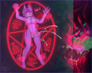 anthro arm_grab balls bite biting_lip bodily_fluids book breast_grab breasts bubble cum cum_on_penis cum_on_self cum_string cumshot dialogue disembodied_hand ear_tuft ejaculation fur genital_fluids genitals ghost_hand glowing glowing_markings gynomorph hand_on_breast intersex leg_grab magic markings nipples occult_symbol one_eye_closed pawpads paws penis penis_grab pentagram pinned pinned_to_wall purple_body purple_fur restrained spots spotted_body spotted_fur spread_legs spreading stone_wall symbol teeth tuft wall_(structure) wendigowannabe amethyst_(alphaserpentis) demon felid feline lynx mammal 5:4 archived_source hi_res