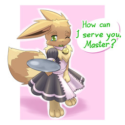 bell bell_collar brown_body clothing collar female feral green_eyes maid_uniform male master solo speech_bubble text uniform friskykitsune nintendo pokemon beany_(veenveegoddess) eevee generation_1_pokemon pokemon_(species) 1:1 hi_res