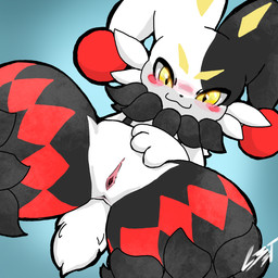 andromorph anthro anus blush facial_tuft female fur genitals intersex jester looking_at_viewer multicolored_body nude presenting simple_background smile solo spread_legs spreading text tuft vulva white_body white_fur l3st palworld pocketpair dupin_(pal) pal_(species) 1:1 absurd_res artist_name hi_res signature