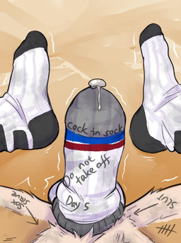 anthro arrow_pointing_to_crotch bodily_fluids body_writing clothing cock_sock cum cum_drip cum_through_sock degradation directional_arrow dripping erection first_person_view footwear genital_fluids genitals humanoid_genitalia humanoid_penis humiliation male motion_lines orange_body penis penis_clothing shaking socks solo text white_clothing white_footwear white_socks writing_on_thigh dsunhong canid canine canis domestic_dog mammal 2026 digital_media_(artwork) english_text hi_res
