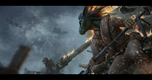 5_fingers action_pose aircraft airplane anthro anti-tank_gun armor armored_vehicle army_helmet battle cannon clothed clothing cloud dark day depth_of_field detailed_background embers fingers fire focused group gun hair headgear helmet long_hair male outside overcast pose ranged_weapon rifle sky tank_(vehicle) vehicle war weapon conditional_dnp royz mythology dragon mythological_creature mythological_scalie scalie 2019 digital_media_(artwork) hi_res letterbox