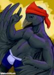 4_fingers anthro beak blue_clothing blue_underwear boxer_briefs clothed clothing fingers gesture hand_gesture headgear headkerchief headwear iron_artist kerchief looking_at_viewer male pointing simple_background skimpy solo topless underwear yellow_background bastriw criss avian bird 2017 digital_media_(artwork) hi_res