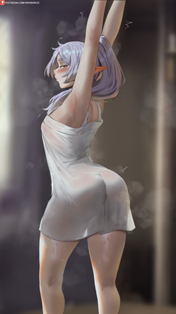 biped blush bodily_fluids breasts butt clothed clothing female glistening glistening_body grey_hair hair humanoid_pointy_ears looking_at_viewer looking_back nightgown no_underwear not_furry pointy_ears presenting_armpit raised_arm solo standing sweat thick_thighs white_clothing oroborus frieren_beyond_journey's_end frieren elf humanoid hi_res