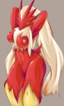 anthro anthrofied beak biped blue_eyes blush breasts chest_tuft female fur hair long_hair looking_at_viewer nipples non-mammal_breasts non-mammal_nipples pokemorph solo standing tuft white_hair drawg_t nintendo pokemon avian bird blaziken generation_3_pokemon pokemon_(species)