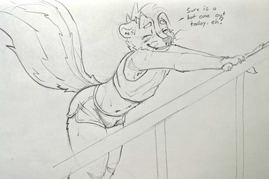 anthro athletic_wear bent_over blush bodily_fluids bottomwear bulge claws clothing dolphin_shorts facial_piercing femboy gym_bottomwear gym_shorts hair hotpants male navel nose_piercing nose_ring piercing ring_piercing septum_piercing shirt shorts simple_background solo sweat sweatdrop tail tank_top text thick_thighs topwear whiskers skunkhotel revy_(skunkhotel) mammal mephitid skunk striped_skunk absurd_res hi_res sketch traditional_media_(artwork)