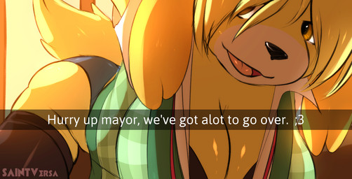 anthro black_nose breasts camera_view cleavage clothed clothing female fur open_mouth panties selfie solo text underwear yellow_body yellow_fur saintversa animal_crossing nintendo snapchat isabelle_(animal_crossing) canid canine canis domestic_dog mammal shih_tzu toy_dog english_text hi_res