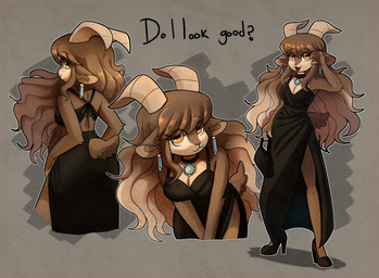2_horns anthro black_clothing black_dress black_footwear black_high_heels breasts brown_hair cleavage clothed clothing dialogue dress ear_piercing ear_ring female footwear hair high_heels horizontal_pupils horn long_hair multiple_angles orange_eyes outline piercing pupils ring_piercing shoes solo white_outline okaliz adeline_(okaliz) bovid caprine goat mammal hi_res