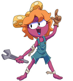 2_toes bandage bow_(feature) clothed clothing feet female gesture gloves hair hand_gesture handwear open_mouth overalls overalls_only pointing pointing_up shirtless short_hair shortalls simple_background smile solo standing thin_calves thin_legs thin_thighs toes tomboy tools wrench young sharpteethstodio amphibia_(series) disney polly_plantar amphibian frog humanoid absurd_res hi_res