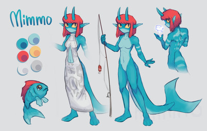 blue_body clothed clothing dress female feral fishing_rod hair horn nude red_hair simple_background solo yellow_eyes mimmo atlyss mimmo_(mimmo) animal_humanoid aquatic aquatic_humanoid fish fish_humanoid humanoid imp_(atlyss) full-length_portrait hi_res model_sheet portrait