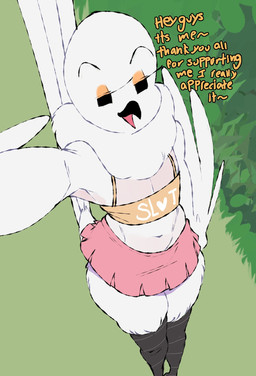 anthro beak black_eyes bottomwear clothed clothing crop_top crossdressing dialogue feathers femboy front_view male miniskirt neck_tuft shirt skirt solo tail tail_feathers text thick_thighs topwear tuft meweeze burd_(meweeze) avian bird 2026 english_text hi_res