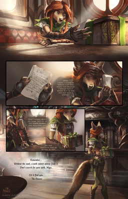 5_fingers anthro blinds booth booth_seating bottle breasts clothing container delivery_(commerce) dialogue ears_up female fingers green_clothing green_shirt green_topwear hair headache inside letter light light_beam narrowed_eyes reading red_hair shirt sitting solo standing sunbeam sunlight tavern text topwear walking alectorfencer myre myre_(alectorfencer) canid canine canis coyote mammal comic english_text hi_res