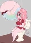 anthro bathroom blush bodily_fluids bottomless butt clothed clothing desperation female genital_fluids genitals hair holding_stomach inside_toilet legs_together looking_away on_toilet peeing peeing_into_toilet pink_body pink_hair potty_time pussy sat_on sitting sitting_on_toilet solo toilet toilet_bowl toilet_lid toilet_pov toilet_seat toilet_use urine urine_stream watersports wide_hips banira fish marine hi_res