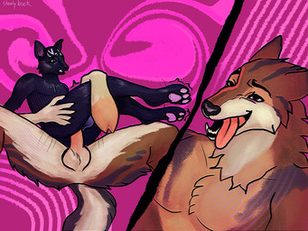 anal anal_penetration anthro balls black_body black_fur breath brown_body brown_eyes brown_fur butt claws duo fur genitals green_eyes hand_on_butt holding_butt legs_up lifted looking_pleasured male male/male open_mouth panting pawpads paws penetration pink_background pink_pawpads shaking simple_background tail thrusting tongue tongue_out steelybuck canid canine canis domestic_cat felid feline felis mammal wolf 4:3 hi_res