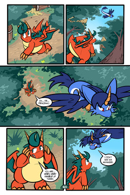 2_horns 5_panel_comic ambiguous_gender barrel belly biped black_text blue_body blue_fur blue_hair blue_wings cheek_tuft claws clenched_teeth day dialogue duo ellipsis exclamation_point eyebrows eyelashes facial_tuft fangs feathered_wings feathers feet feral finger_claws flying forest fur grass green_eyes green_hair hair high-angle_view horn looking_aside looking_at_another looking_up low-angle_view open_mouth orange_body outside page_number plant red_eyes scales sharp_teeth sky speech_bubble standing tail tail_feathers talking_to_another teeth text toe_claws toes toony translucent translucent_hair tree tree_house tuft walking white_sclera wings virmir mythology renbrand saida couatl dragon feathered_scalie feathered_snake mythological_creature mythological_scalie reptile scalie snake 2025 2:3 absurd_res comic english_text hi_res signature female_(lore) male_(lore)