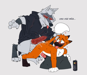 anal animal_genitalia animal_penis anthro bent_over blush bodily_fluids canine_genitalia canine_penis dominant dominant_male duo genital_fluids genitals humanoid_genitalia implied_orgasm male male/male penis precum presenting size_difference submissive submissive_male text rotten_robbie dreamworks puss_in_boots_(franchise) truly_(drink) death_(puss_in_boots) canid canine canis fox mammal wolf english_description hi_res spanish_text translated
