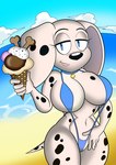 beach big_breasts big_ears bikini breasts clothing cloud collar curvy_figure dessert dog_food dog_treat female food hourglass_figure ice_cream ice_cream_cone markings one-piece_swimsuit outside pet_food seaside sky sling_bikini solo spots spotted_body swimwear two-piece_swimsuit wide_hips mobian_monster 101_dalmatians disney perdita canid canine canis dalmatian domestic_dog mammal absurd_res hi_res