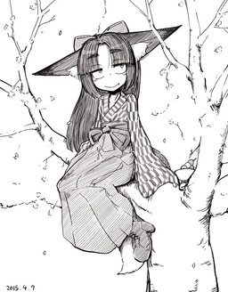 accessory asian_clothing big_ears black_hair bottomwear bow_(feature) bow_accessory bow_ribbon centered_hair_bow clothing east_asian_clothing fangs female footwear hair hair_accessory hair_bow hair_ribbon hakama inner_ear_fluff japanese_clothing kimono long_hair plant ribbons shoes sitting smile solo teeth tree tuft sakifox taishou_kitsune animal_humanoid canid canid_humanoid canine canine_humanoid fox_humanoid humanoid mammal mammal_humanoid 2015 monochrome