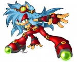 anthro blue_body blue_fur breasts cleavage clothed clothing eyewear female fingerless_gloves fingers fur gloves goggles green_eyes hair handwear lips long_hair looking_at_viewer red_eyewear red_goggles simple_background solo tail white_background tracy_yardley sega sonic_the_hedgehog_(series) fan_character purity_the_hedgehog eulipotyphlan hedgehog mammal