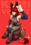 5_fingers anthro barrel black_nose bottomwear breasts clothing female fingers footwear markings pants red_background red_eyes shoes simple_background sitting_on_barrel smile solo spots spotted_body j_axer kami_cheetah_(aja_williams) felid mammal 2019 digital_media_(artwork)