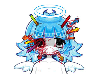bangs blood bloodshot_eyes blue_hair blunt_bangs bodily_fluids breasts directional_arrow feathered_wings feathers female gore hair halo looking_at_viewer not_furry simple_background solo white_background white_body white_skin wings alunka angel humanoid mammal digital_media_(artwork)